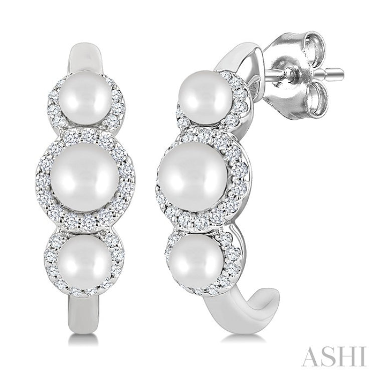 3MM & 4MM Cultured Pearl and 1/4 Ctw Round Cut Diamond Halo Half Hoop Earrings in 14K White Gold