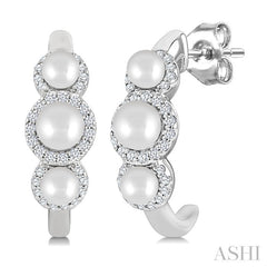 3MM & 4MM Cultured Pearl and 1/4 Ctw Round Cut Diamond Halo Half Hoop Earrings in 14K White Gold