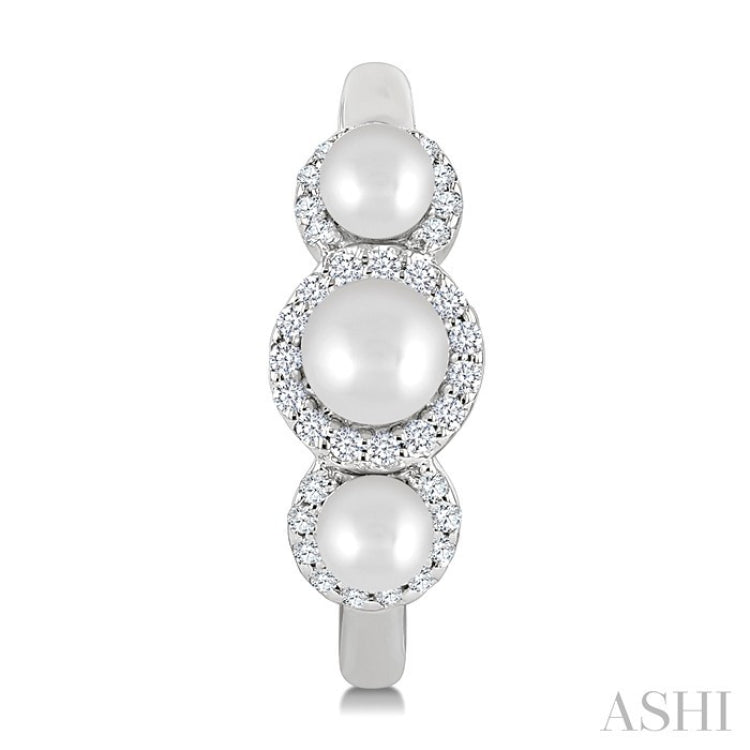 3MM & 4MM Cultured Pearl and 1/4 Ctw Round Cut Diamond Halo Half Hoop Earrings in 14K White Gold
