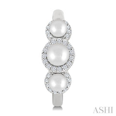 3MM & 4MM Cultured Pearl and 1/4 Ctw Round Cut Diamond Halo Half Hoop Earrings in 14K White Gold