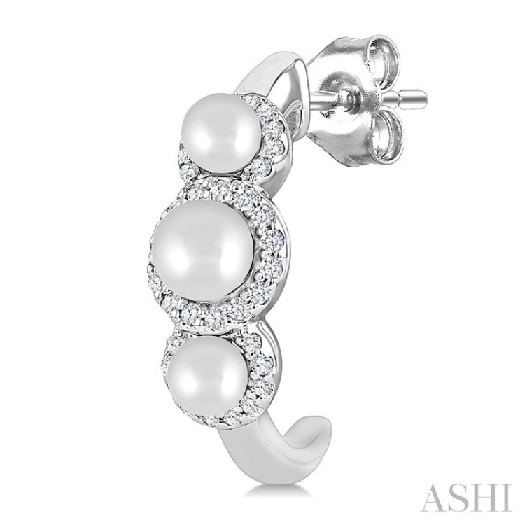 3MM & 4MM Cultured Pearl and 1/4 Ctw Round Cut Diamond Halo Half Hoop Earrings in 14K White Gold
