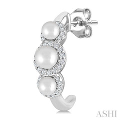 3MM & 4MM Cultured Pearl and 1/4 Ctw Round Cut Diamond Halo Half Hoop Earrings in 14K White Gold