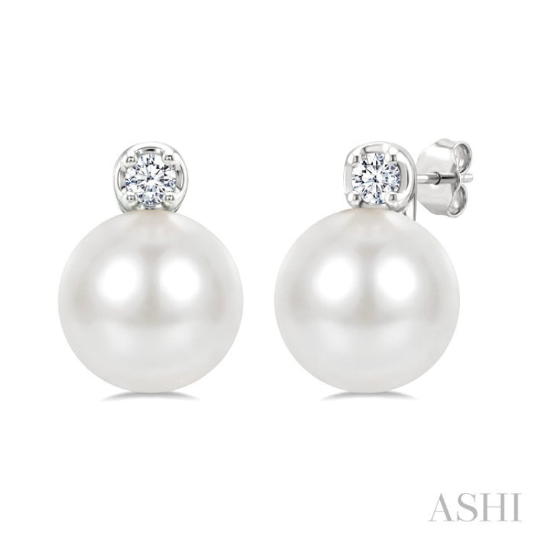 6 MM Cultured Pearl and 1/20 Ctw Round Cut Diamond Fashion Earrings in 10K White Gold