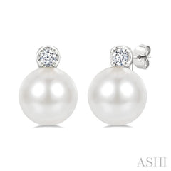 6 MM Cultured Pearl and 1/20 Ctw Round Cut Diamond Fashion Earrings in 10K White Gold