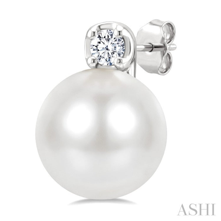 6 MM Cultured Pearl and 1/20 Ctw Round Cut Diamond Fashion Earrings in 10K White Gold