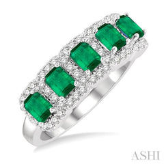 4x3 MM Emerald Shape Emerald and 1/2 Ctw Round Cut Diamond Precious Wedding Band in 14K White Gold