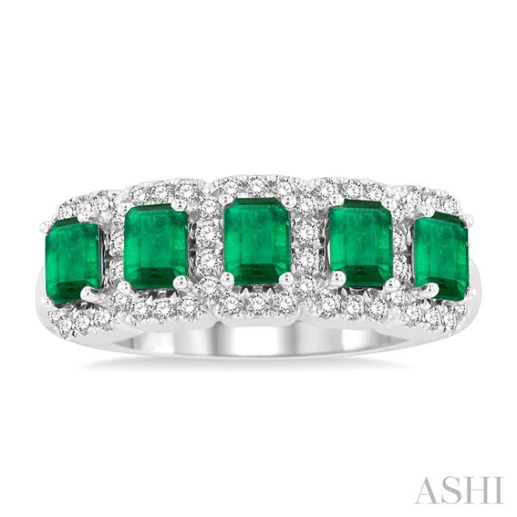 4x3 MM Emerald Shape Emerald and 1/2 Ctw Round Cut Diamond Precious Wedding Band in 14K White Gold
