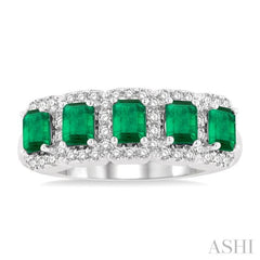 4x3 MM Emerald Shape Emerald and 1/2 Ctw Round Cut Diamond Precious Wedding Band in 14K White Gold