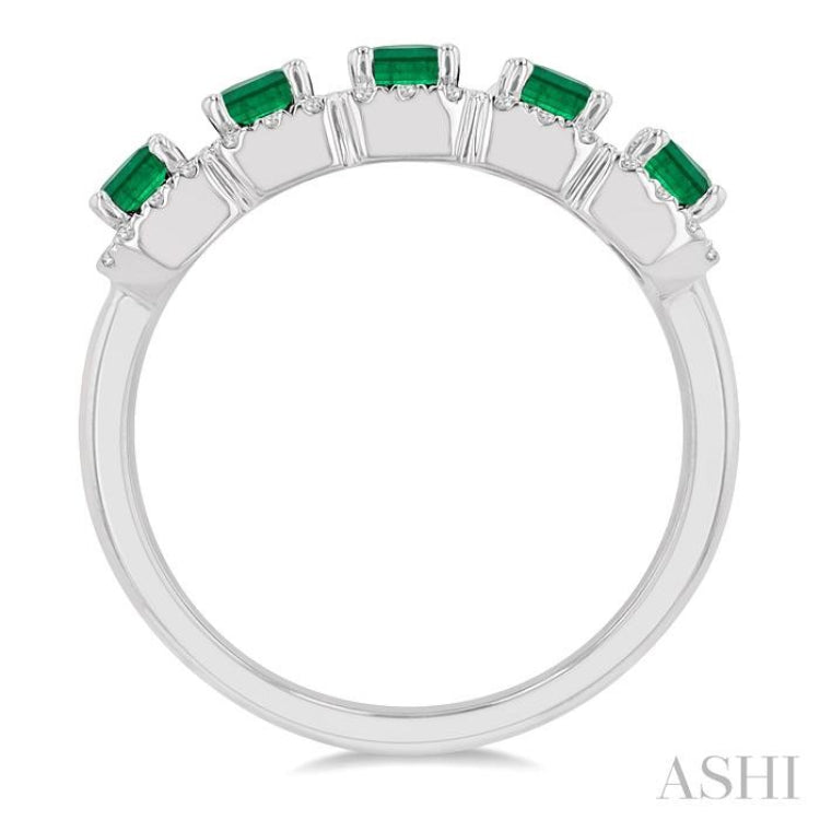 4x3 MM Emerald Shape Emerald and 1/2 Ctw Round Cut Diamond Precious Wedding Band in 14K White Gold