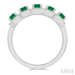 4x3 MM Emerald Shape Emerald and 1/2 Ctw Round Cut Diamond Precious Wedding Band in 14K White Gold