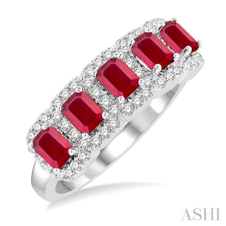 4x3 MM Emerald Shape Ruby and 1/2 Ctw Round Cut Diamond Precious Wedding Band in 14K White Gold