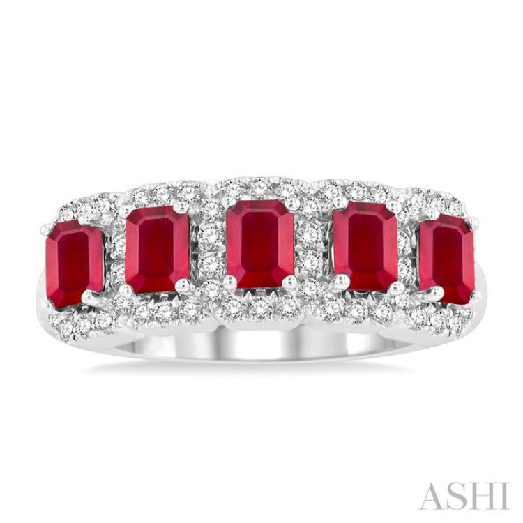 4x3 MM Emerald Shape Ruby and 1/2 Ctw Round Cut Diamond Precious Wedding Band in 14K White Gold