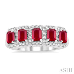 4x3 MM Emerald Shape Ruby and 1/2 Ctw Round Cut Diamond Precious Wedding Band in 14K White Gold