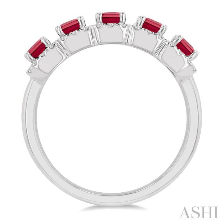4x3 MM Emerald Shape Ruby and 1/2 Ctw Round Cut Diamond Precious Wedding Band in 14K White Gold