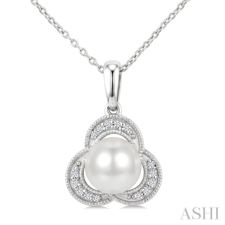 7 MM White Cultured Pearl and 1/20 Ctw Round Cut Diamond Fashion Pendant With Chain in 10K White Gold