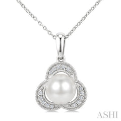 7 MM White Cultured Pearl and 1/20 Ctw Round Cut Diamond Fashion Pendant With Chain in 10K White Gold