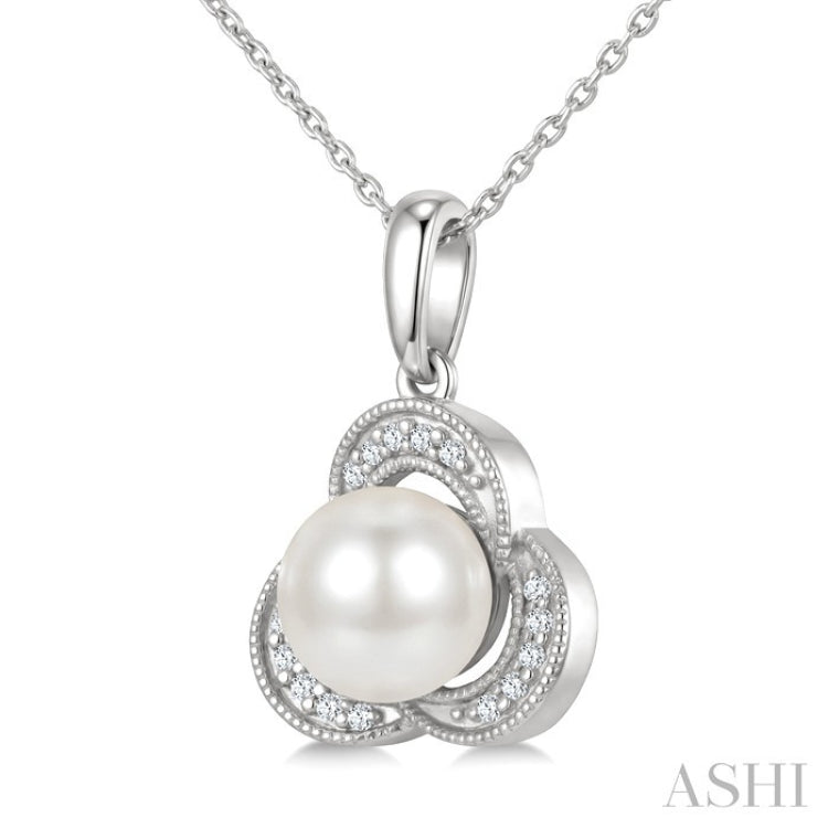 7 MM White Cultured Pearl and 1/20 Ctw Round Cut Diamond Fashion Pendant With Chain in 10K White Gold