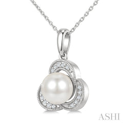 7 MM White Cultured Pearl and 1/20 Ctw Round Cut Diamond Fashion Pendant With Chain in 10K White Gold