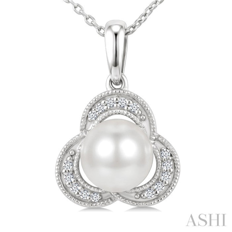7 MM White Cultured Pearl and 1/20 Ctw Round Cut Diamond Fashion Pendant With Chain in 10K White Gold