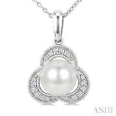 7 MM White Cultured Pearl and 1/20 Ctw Round Cut Diamond Fashion Pendant With Chain in 10K White Gold