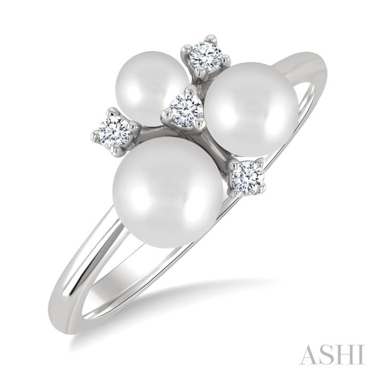 4MM,5MM & 6MM Cultured Pearl and 1/10 Ctw Round Cut Diamond Trio Fashion Ring in 10K White Gold