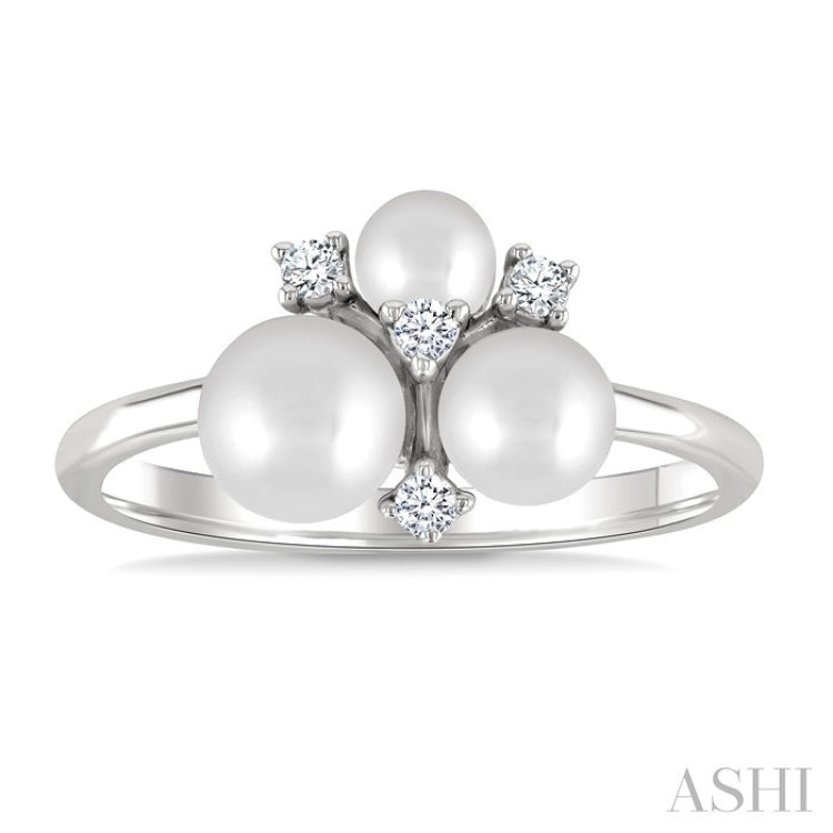 4MM,5MM & 6MM Cultured Pearl and 1/10 Ctw Round Cut Diamond Trio Fashion Ring in 10K White Gold
