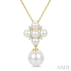 4MM & 8MM White Cultured Pearl and 1/20 Ctw Round Cut Diamond Fashion Pendant With Chain in 10K Yellow Gold