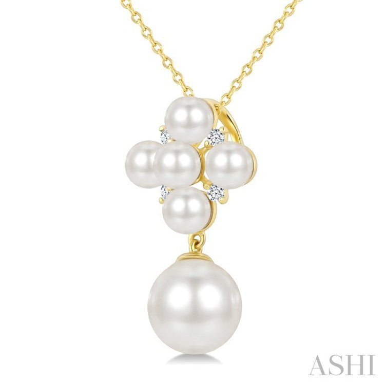 4MM & 8MM White Cultured Pearl and 1/20 Ctw Round Cut Diamond Fashion Pendant With Chain in 10K Yellow Gold