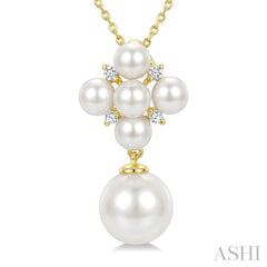 4MM & 8MM White Cultured Pearl and 1/20 Ctw Round Cut Diamond Fashion Pendant With Chain in 10K Yellow Gold