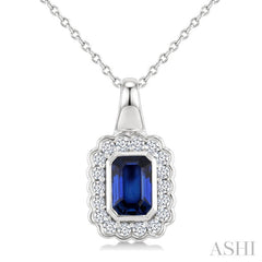 6X4 MM Octagon Shape Sapphire and 1/5 Ctw Round Cut Diamond Bold Precious Pendant With Chain in 10K White Gold