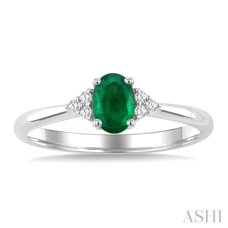1/20 Ctw Oval Cut 6X4 MM Emerald and Round Cut Diamond Precious Ring in 10K White Gold