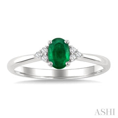 1/20 Ctw Oval Cut 6X4 MM Emerald and Round Cut Diamond Precious Ring in 10K White Gold