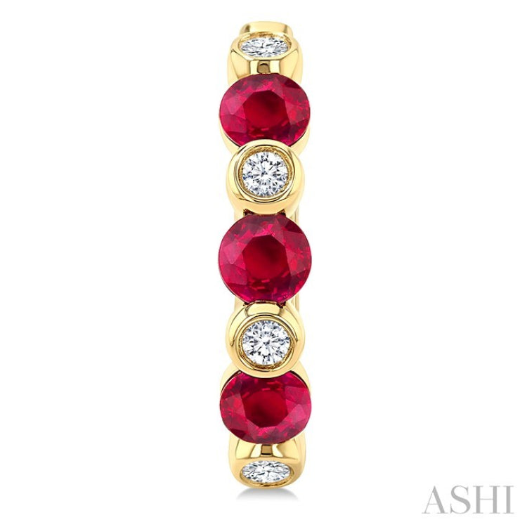 2.60 MM Round Shape Ruby and 1/10 Ctw Round Cut Diamond Precious Hoop Earrings in 10K Yellow Gold
