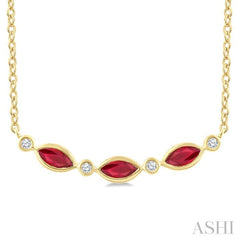 4X2 MM Marquise Shape Ruby and 1/50 Ctw Round Cut Diamond Precious Bar Necklace in 10K Yellow Gold