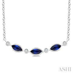 4X2 MM Marquise Shape Sapphire and 1/50 Ctw Round Cut Diamond Precious Bar Necklace in 10K White Gold