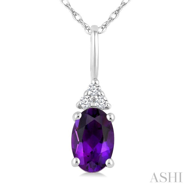 1/50 Ctw Oval Cut 6X4 MM Amethyst and Round Cut Diamond semi-precious Pendant With Chain in 10K White Gold