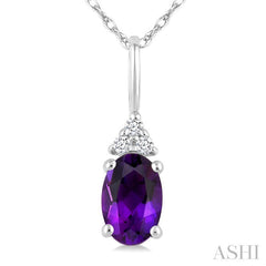 1/50 Ctw Oval Cut 6X4 MM Amethyst and Round Cut Diamond semi-precious Pendant With Chain in 10K White Gold