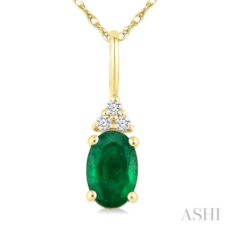 1/50 Ctw Oval Cut 6X4 MM Emerald and Round Cut Diamond Precious Pendant With Chain in 10K Yellow Gold