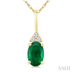1/50 Ctw Oval Cut 6X4 MM Emerald and Round Cut Diamond Precious Pendant With Chain in 10K Yellow Gold