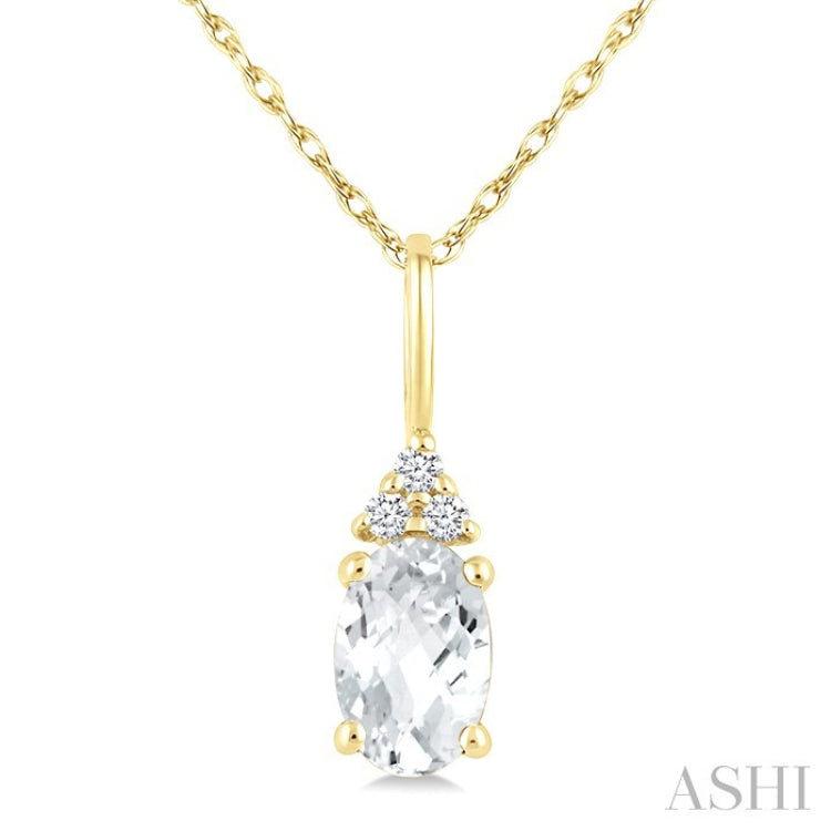1/50 Ctw Oval Cut 6X4 MM White Topaz and Round Cut Diamond semi-precious Pendant With Chain in 10K Yellow Gold
