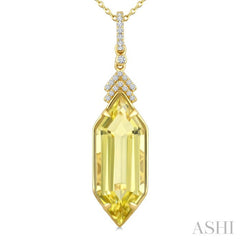 22X8 MM Evoque Gemstones Hexagon Shape Lemon Quartz and 1/10 Ctw Round Cut Diamond Semi-Precious Pendant With Chain in 14K Yellow Gold