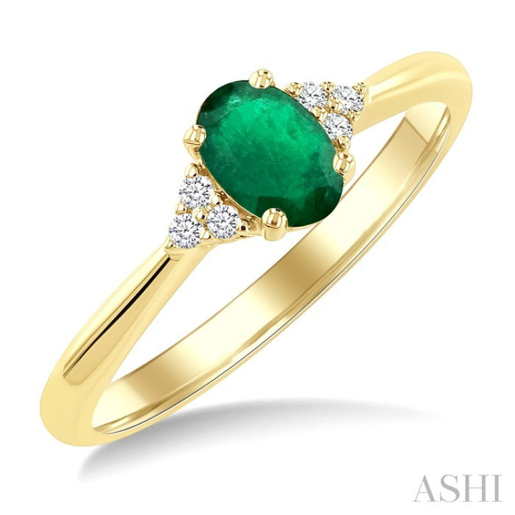 1/20 Ctw Oval Cut 6X4 MM Emerald and Round Cut Diamond Precious Ring in 10K Yellow Gold