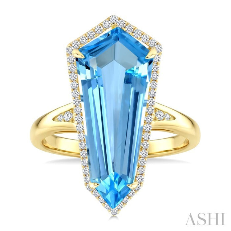 22X9 MM Evoque Gemstones Shield Shape Blue Topaz and 1/4 Ctw Round Cut Diamond Semi-Precious Ring in 14K Yellow Gold