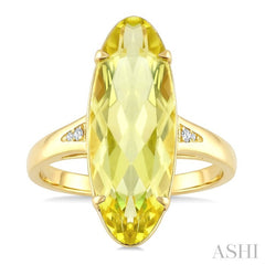 22X8 MM Evoque Gemstones Oval Shape Lemon Quartz and 1/50 Ctw Round Cut Diamond Semi-Precious Ring in 14K Yellow Gold