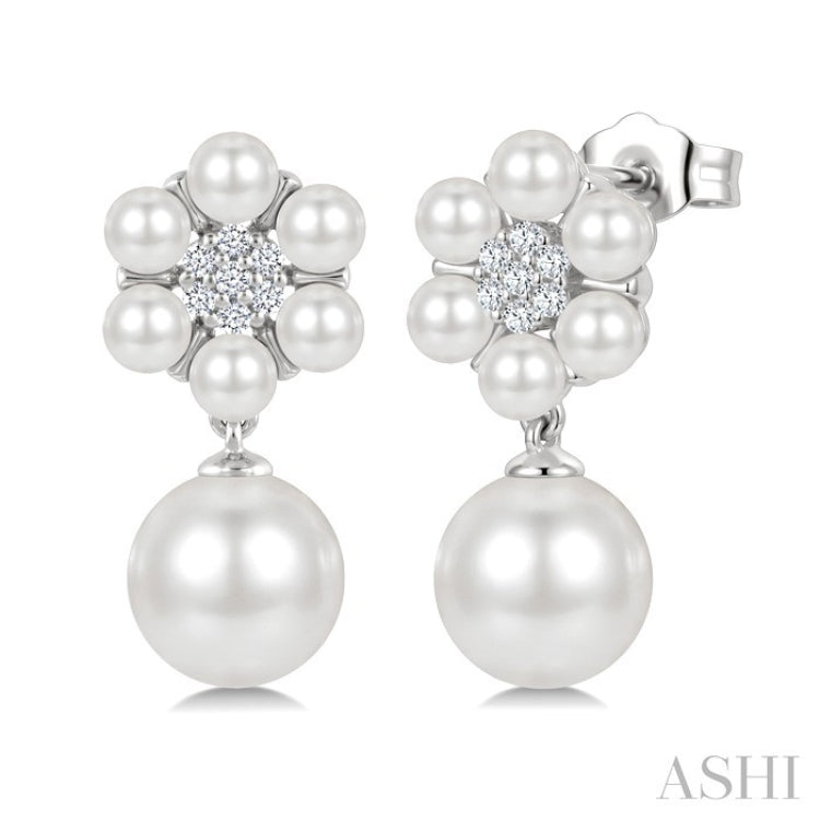 3MM & 7MM White Cultured Pearl and 1/10 Ctw Floral Round Cut Diamond Fashion Earrings in 10K White Gold