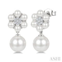 3MM & 7MM White Cultured Pearl and 1/10 Ctw Floral Round Cut Diamond Fashion Earrings in 10K White Gold