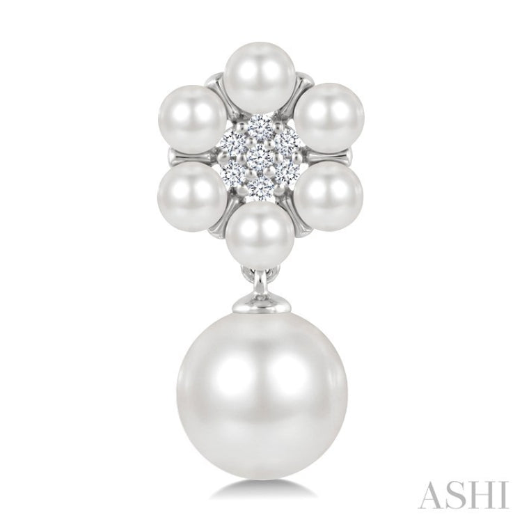 3MM & 7MM White Cultured Pearl and 1/10 Ctw Floral Round Cut Diamond Fashion Earrings in 10K White Gold