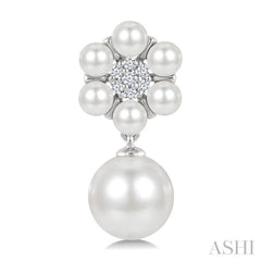3MM & 7MM White Cultured Pearl and 1/10 Ctw Floral Round Cut Diamond Fashion Earrings in 10K White Gold