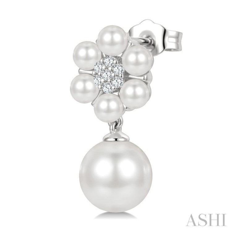 3MM & 7MM White Cultured Pearl and 1/10 Ctw Floral Round Cut Diamond Fashion Earrings in 10K White Gold