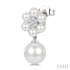 3MM & 7MM White Cultured Pearl and 1/10 Ctw Floral Round Cut Diamond Fashion Earrings in 10K White Gold